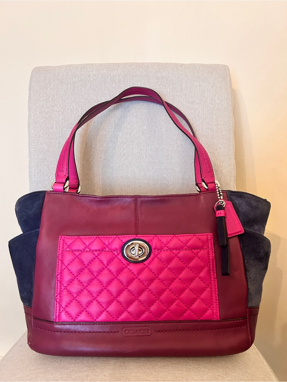 Women's Quilted Pink & Burgundy Tote Handbag